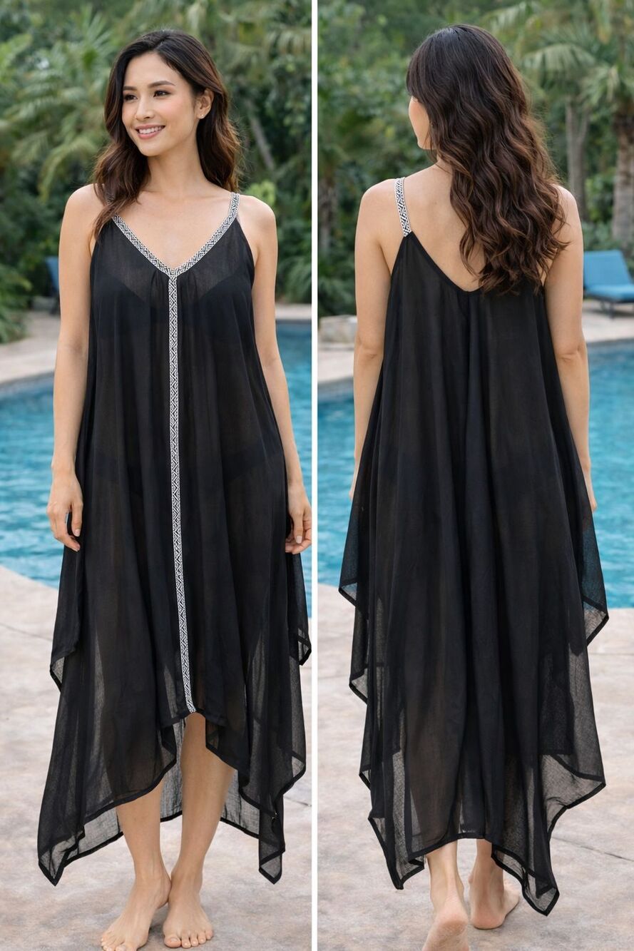Quagga Black Sheer Kaftan Swim Cover Up Handkerchief Hem Beach Resort OSFM NWT